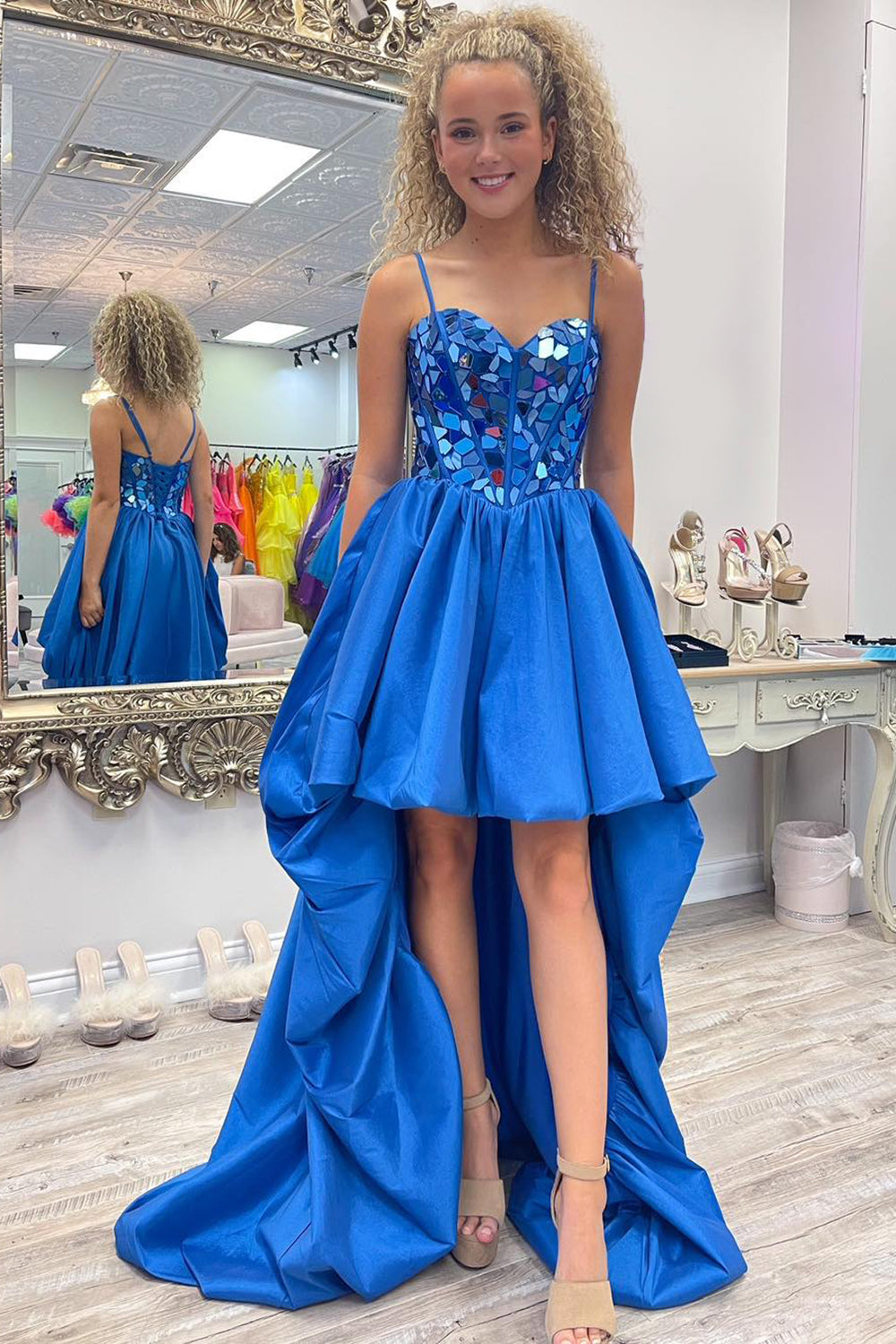 Black Prom Dress High Low Satin A Line Mirror Homecoming Dress