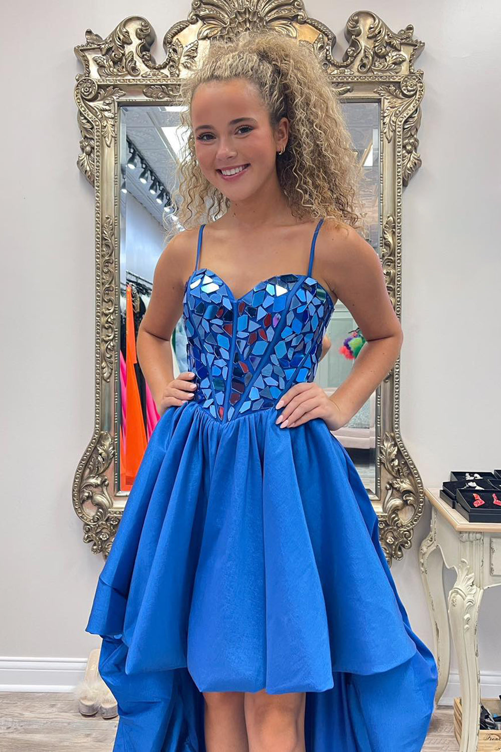 Black Prom Dress High Low Satin A Line Mirror Homecoming Dress