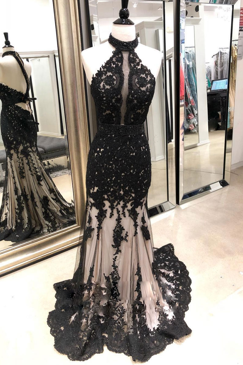 Black Prom Dress Lace Mermaid Long Tulle Formal Evening Dress