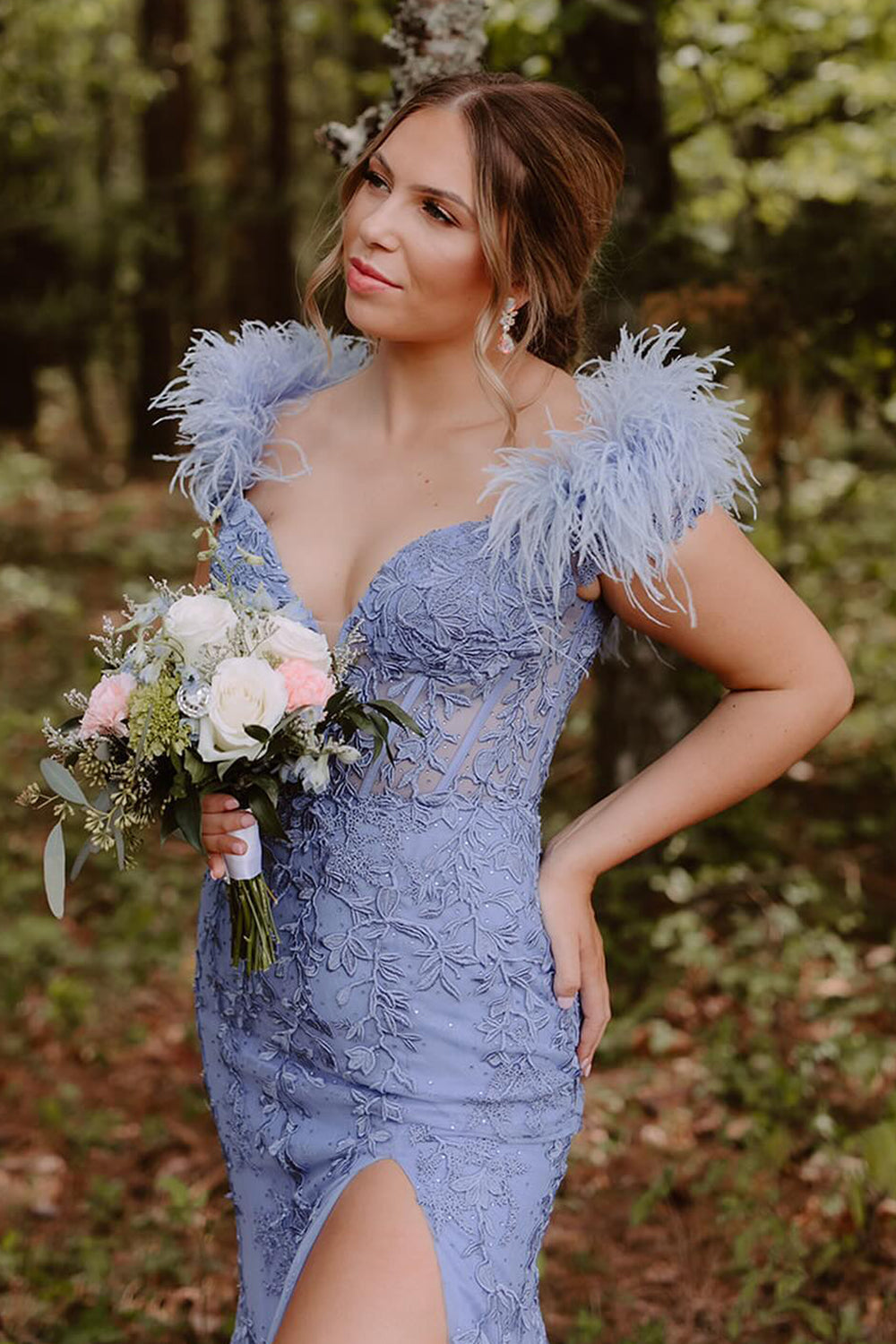 Black Prom Dress Mermaid Lace Long Evening Dress with Feathers