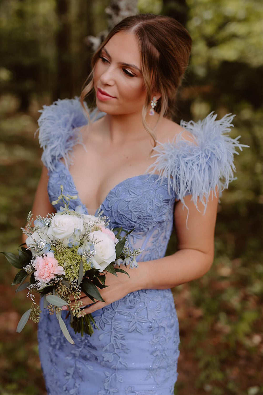 Black Prom Dress Mermaid Lace Long Evening Dress with Feathers