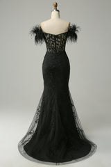 Black Prom Dress Mermaid Lace Long Evening Dress with Feathers