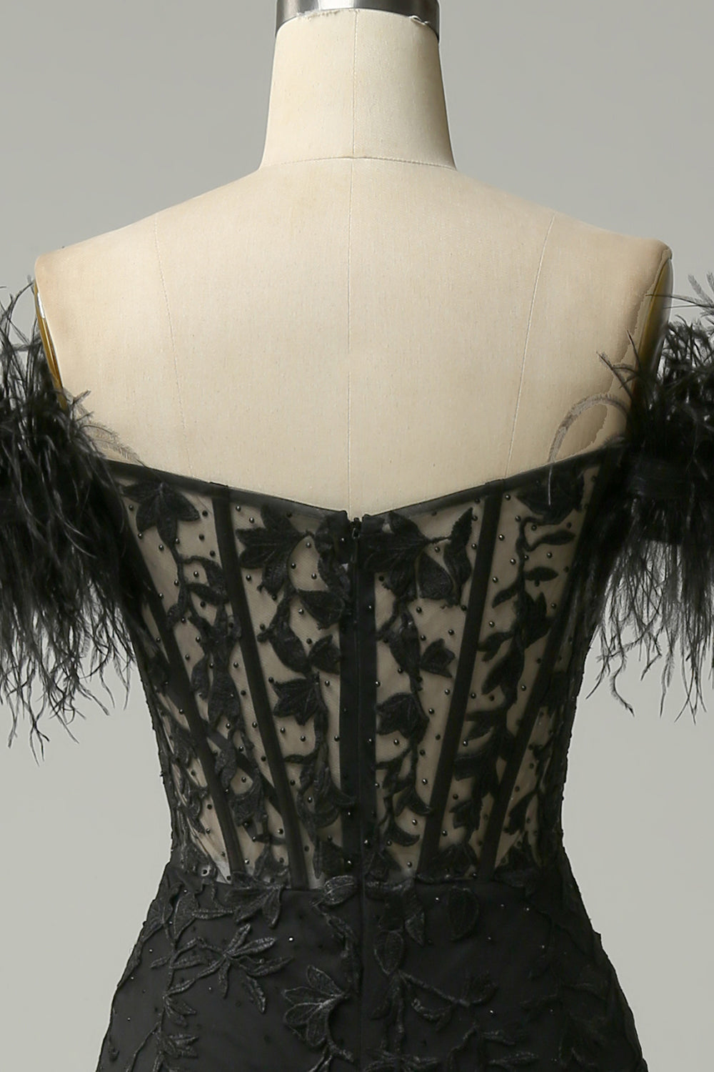 Black Prom Dress Mermaid Lace Long Evening Dress with Feathers