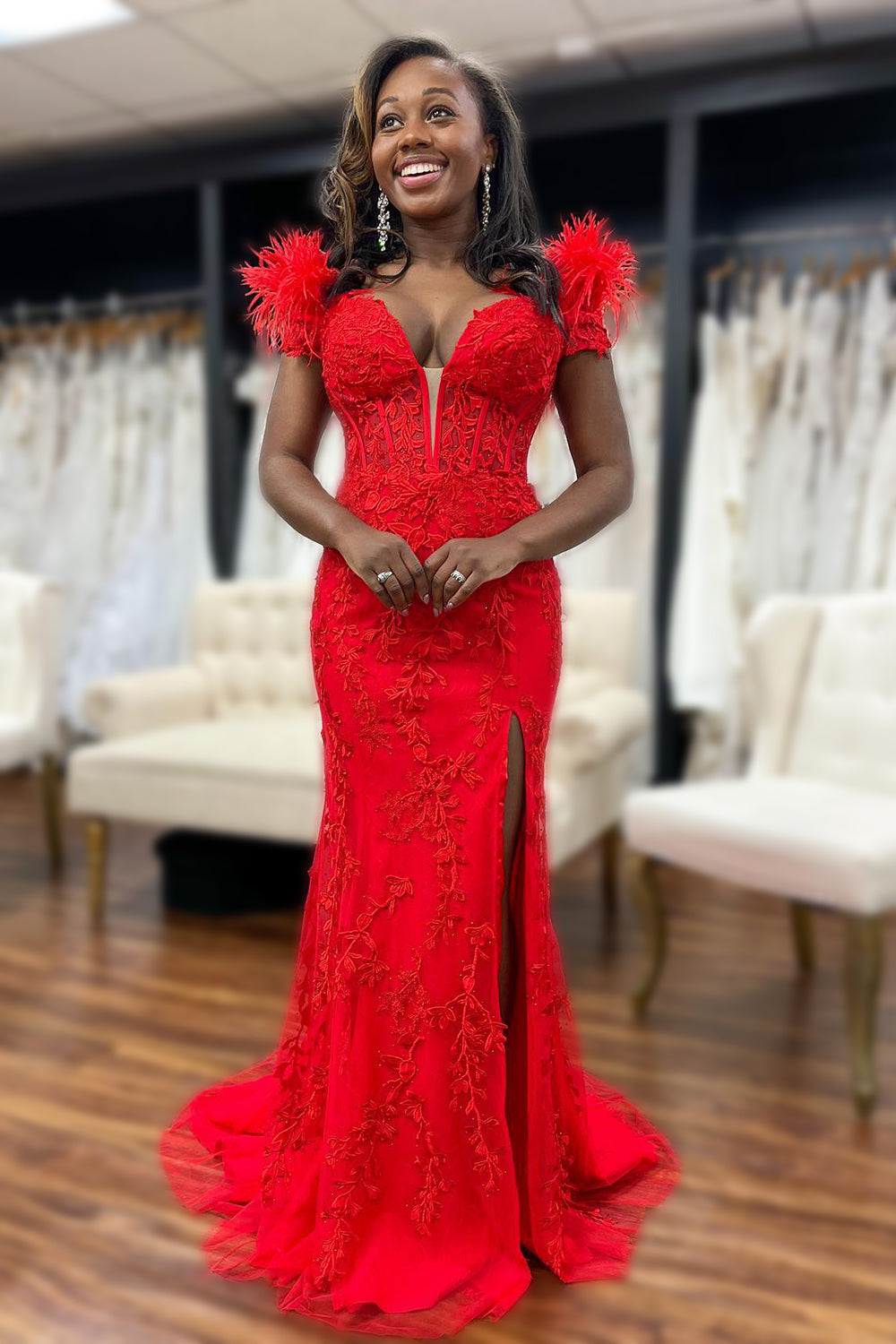 Black Prom Dress Mermaid Lace Long Evening Dress with Feathers