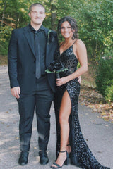 Black Prom Dress Mermaid Long Mirror Evening Dress With Slit