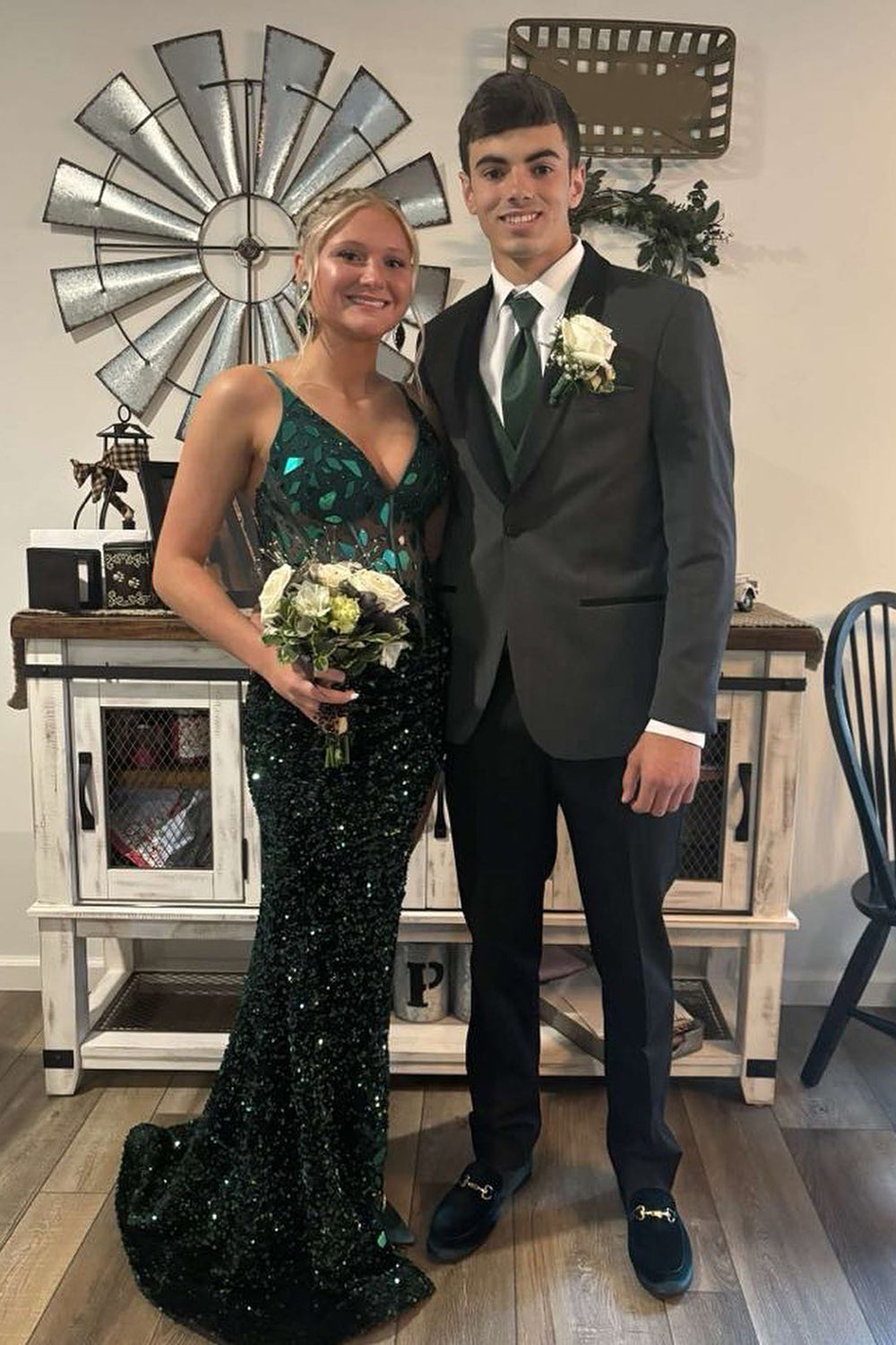 Black Prom Dress Mermaid Mirror Long Beaded Evening Dress with Slit