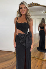 Black Prom Dress Mermaid Sequined Long Evening Dress with Bow