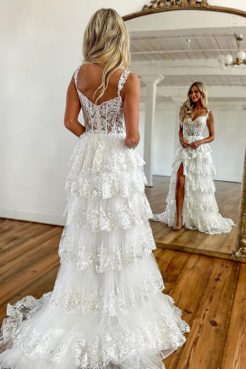 open lace back dress Beaded Lavender Prom Dresses Overskirt Wedding Dress with Slit,Removab –  Viniodress main image 0