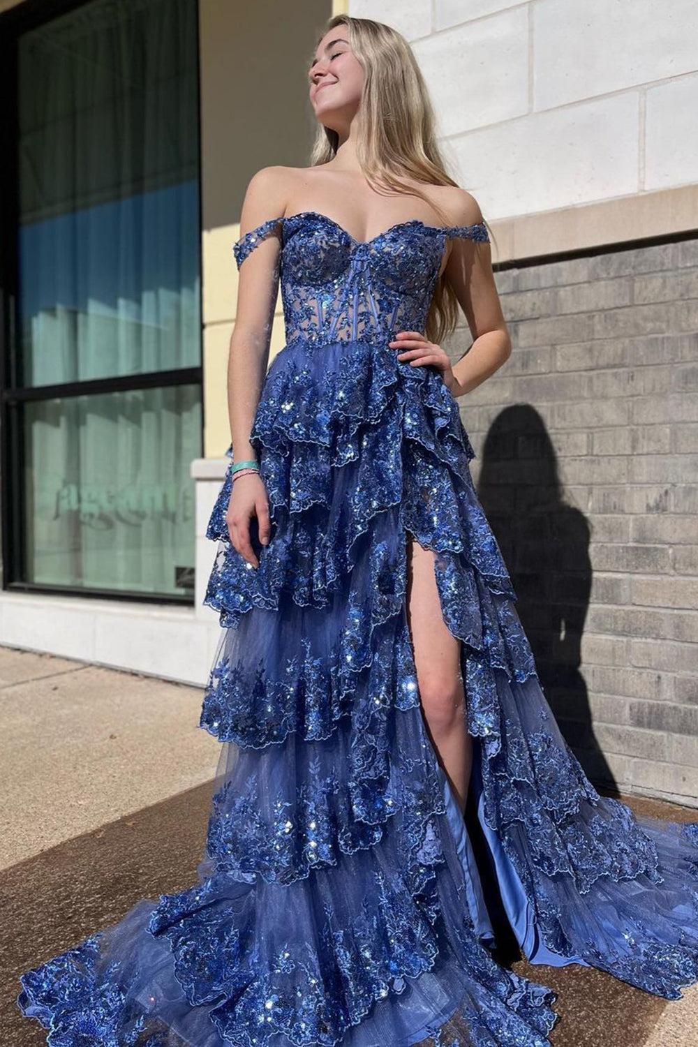Off the shoulder Prom Dress A Line Tiered Elegant Evening Dress with Split 