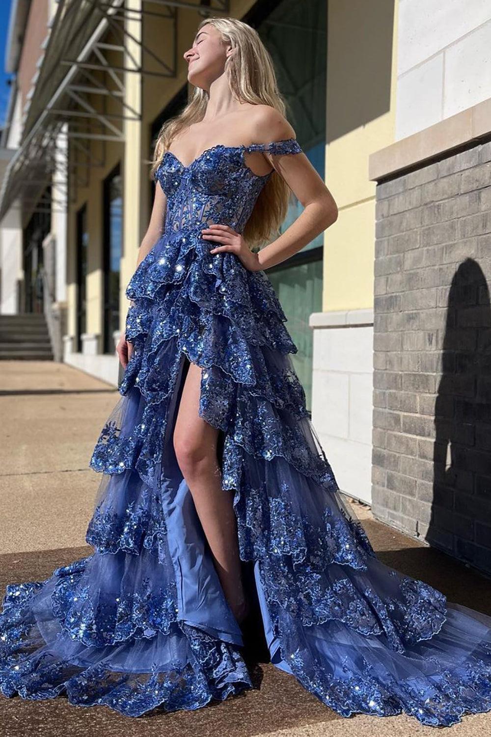 Off the shoulder Prom Dress Tulle Appliques Long Evening Dress