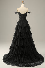 Black Prom Dress Off The Shoulder Tiered Corset Evening Dress