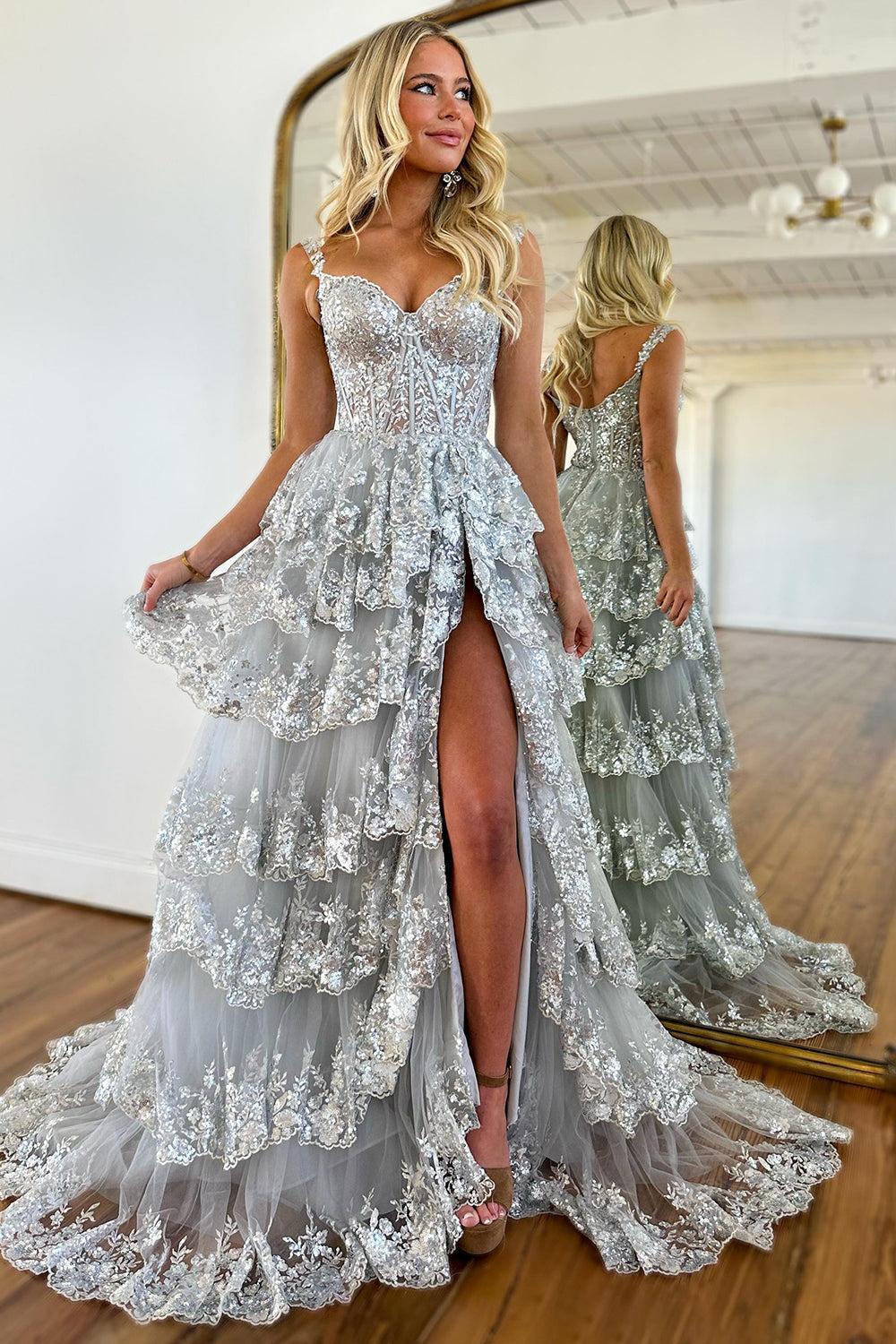 Off the shoulder Prom Dress A Line Tiered Elegant Evening Dress with Split 