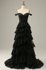 Black Prom Dress Off The Shoulder Tiered Corset Evening Dress