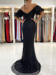 Black Prom Dress Off the Shoulder Sequin Long Formal Gown Evening Dress