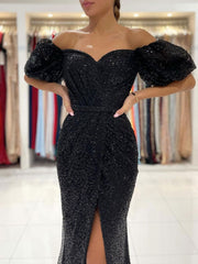 Black Prom Dress Off the Shoulder Sequin Long Formal Gown Evening Dress