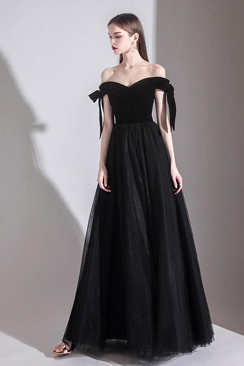 Black Prom Dress Off the Shoulder Tulle Long Evening Dress