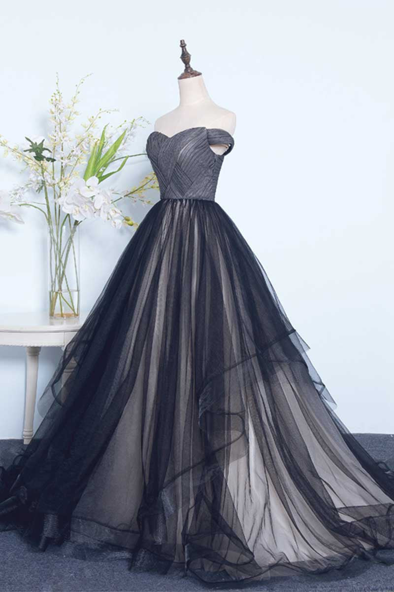Black Prom Dress Off the Shoulder Tulle Long Evening Dress