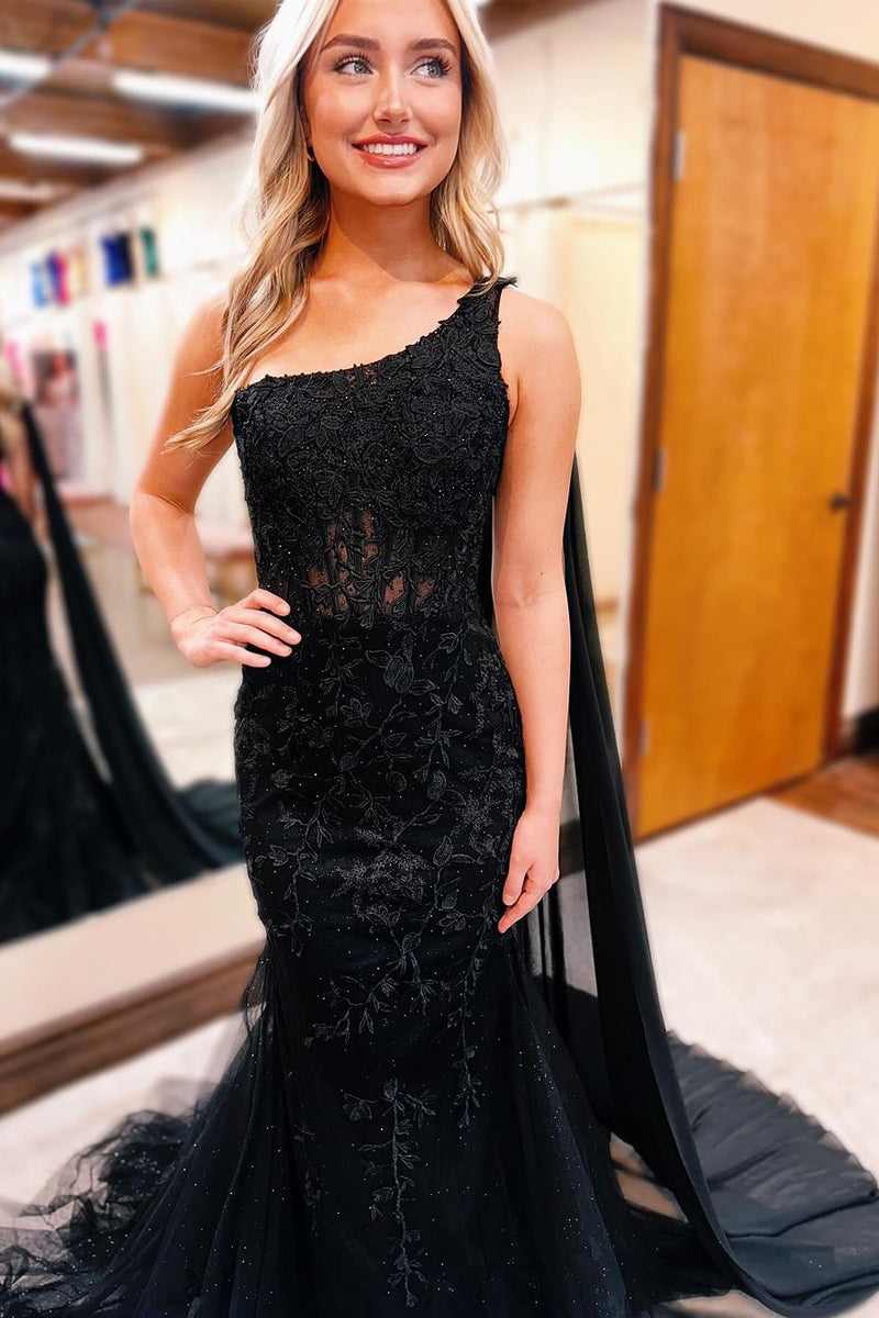 Black Prom Dress One Shoulder Appliques Mermaid Long Evening Dress