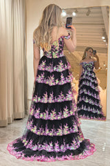 Black Prom Dress Pink Prom Dress Tiered A Line Long Evening Dress with Lace