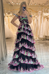 Black Prom Dress Pink Prom Dress Tiered A Line Long Evening Dress with Lace