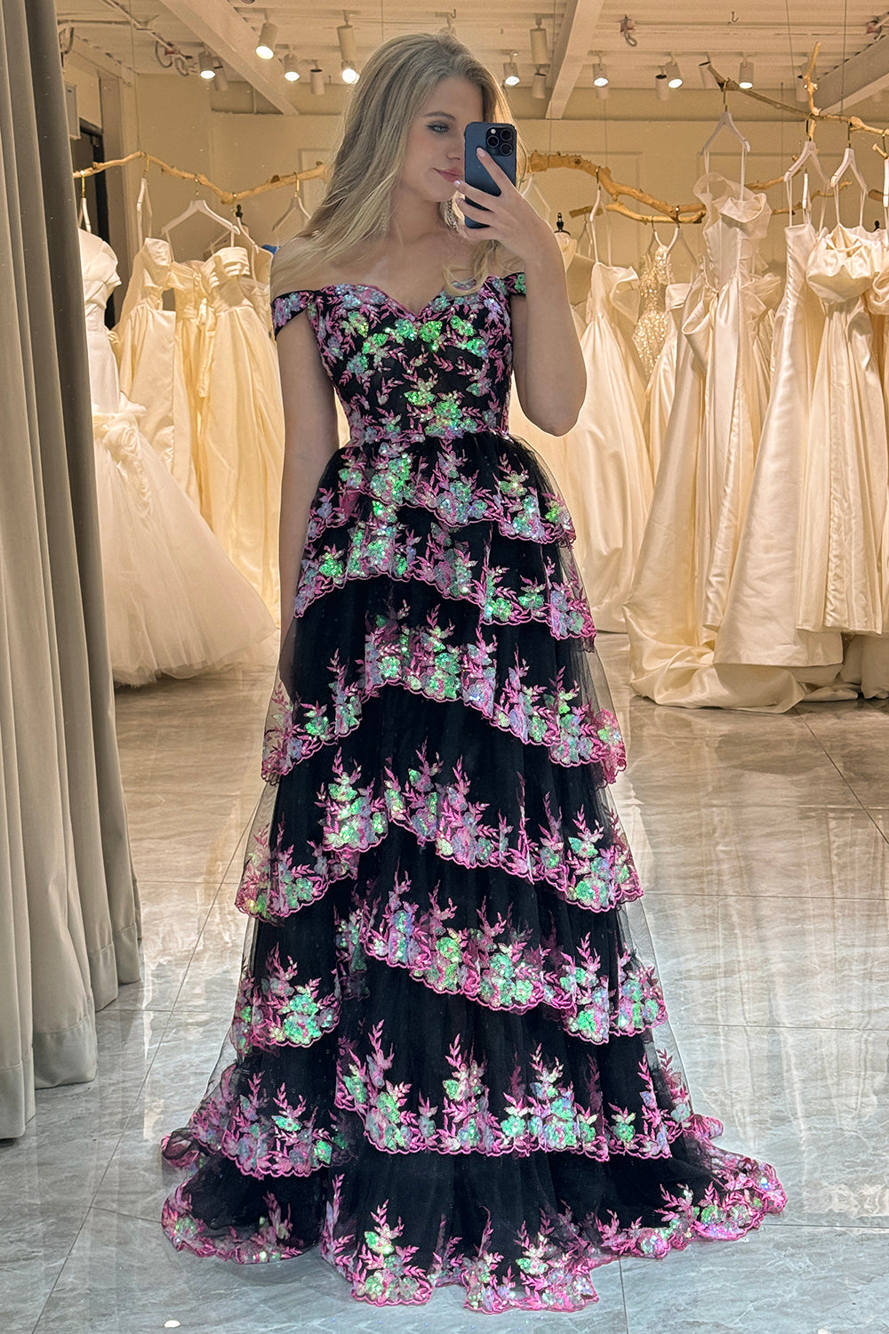 Black Prom Dress Pink Prom Dress Tiered A Line Long Evening Dress with Lace