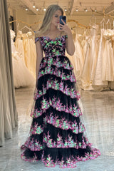 Black Prom Dress Pink Prom Dress Tiered A Line Long Evening Dress with Lace