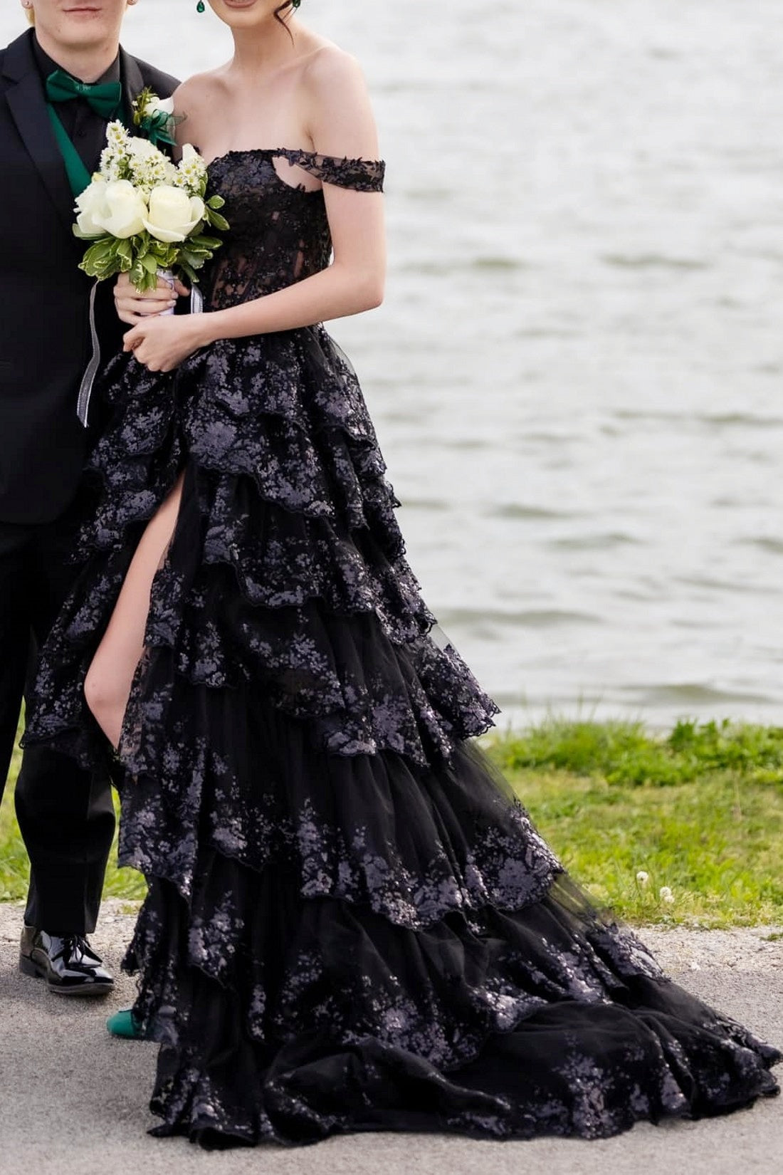 Black Prom Dress Princess A Line Off the Shoulder Corset with Lace Ruffles Evening Dress