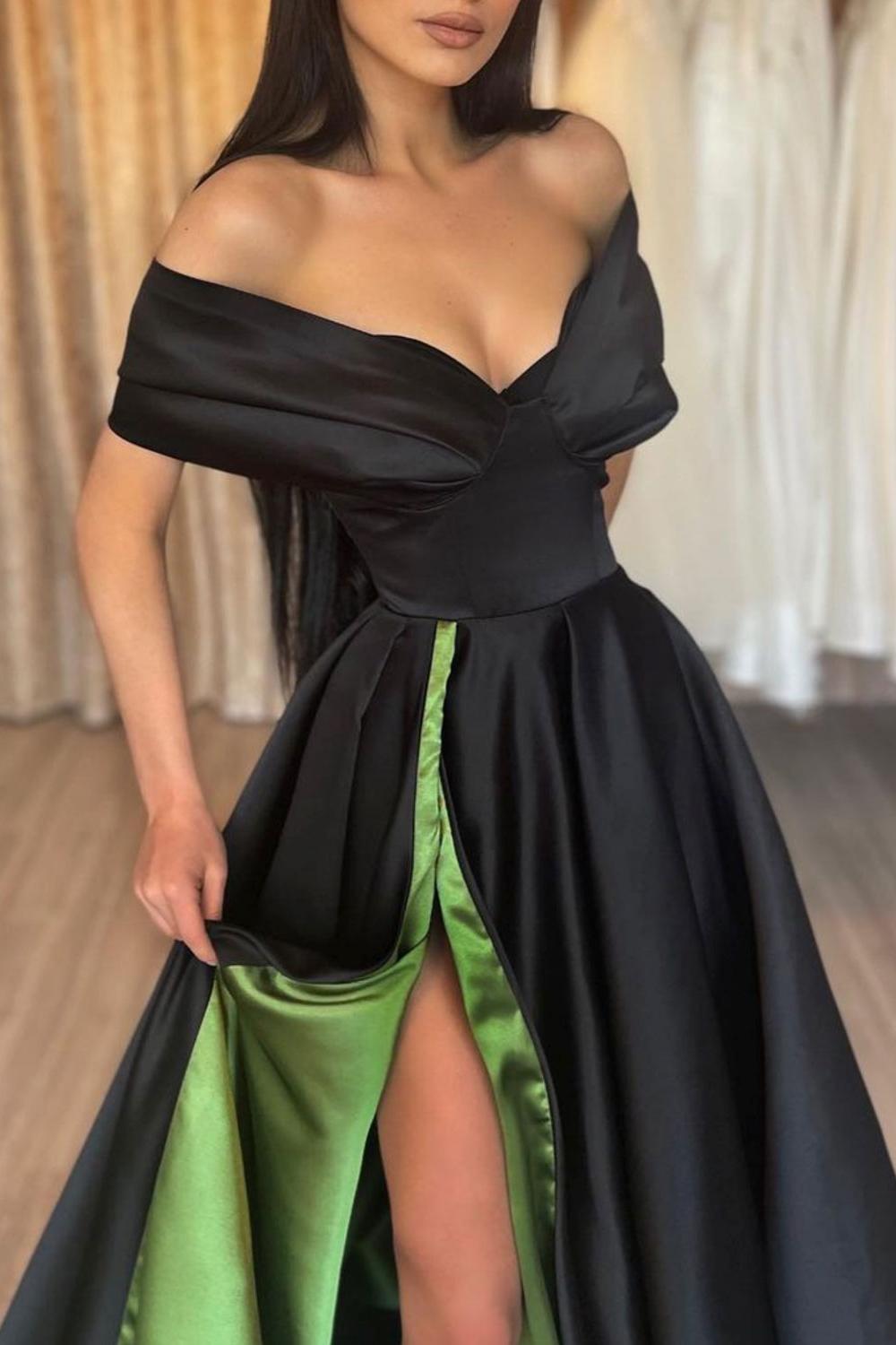Black Prom Dress Satin Off the Shoulder Long Evening Dress