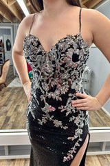 Black Prom Dress Sequin Appliques Spaghetti Strap Long Evening Dress With Split