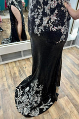 Black Prom Dress Sequin Appliques Spaghetti Strap Long Evening Dress With Split