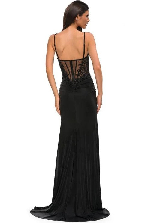Black Prom Dress Spaghetti Straps Long Lace Evening Dress with Slit
