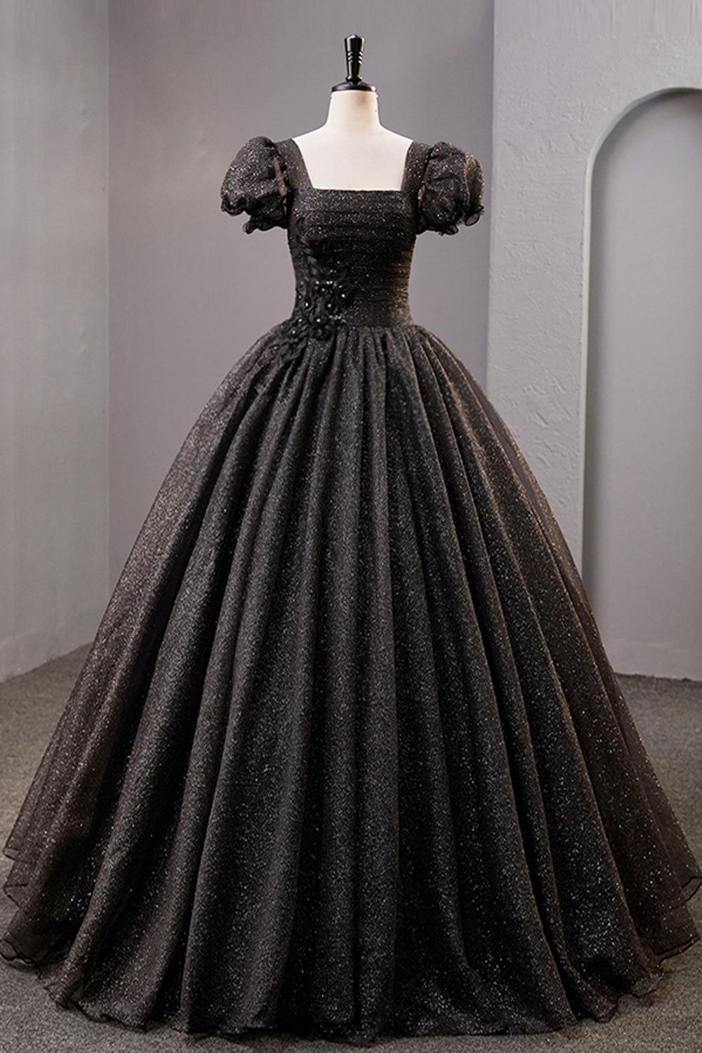 Black Prom Dress Square Neckline Tulle Long Shiny Evening Dress
