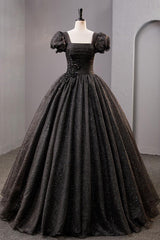 Black Prom Dress Square Neckline Tulle Long Shiny Evening Dress