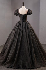 Black Prom Dress Square Neckline Tulle Long Shiny Evening Dress