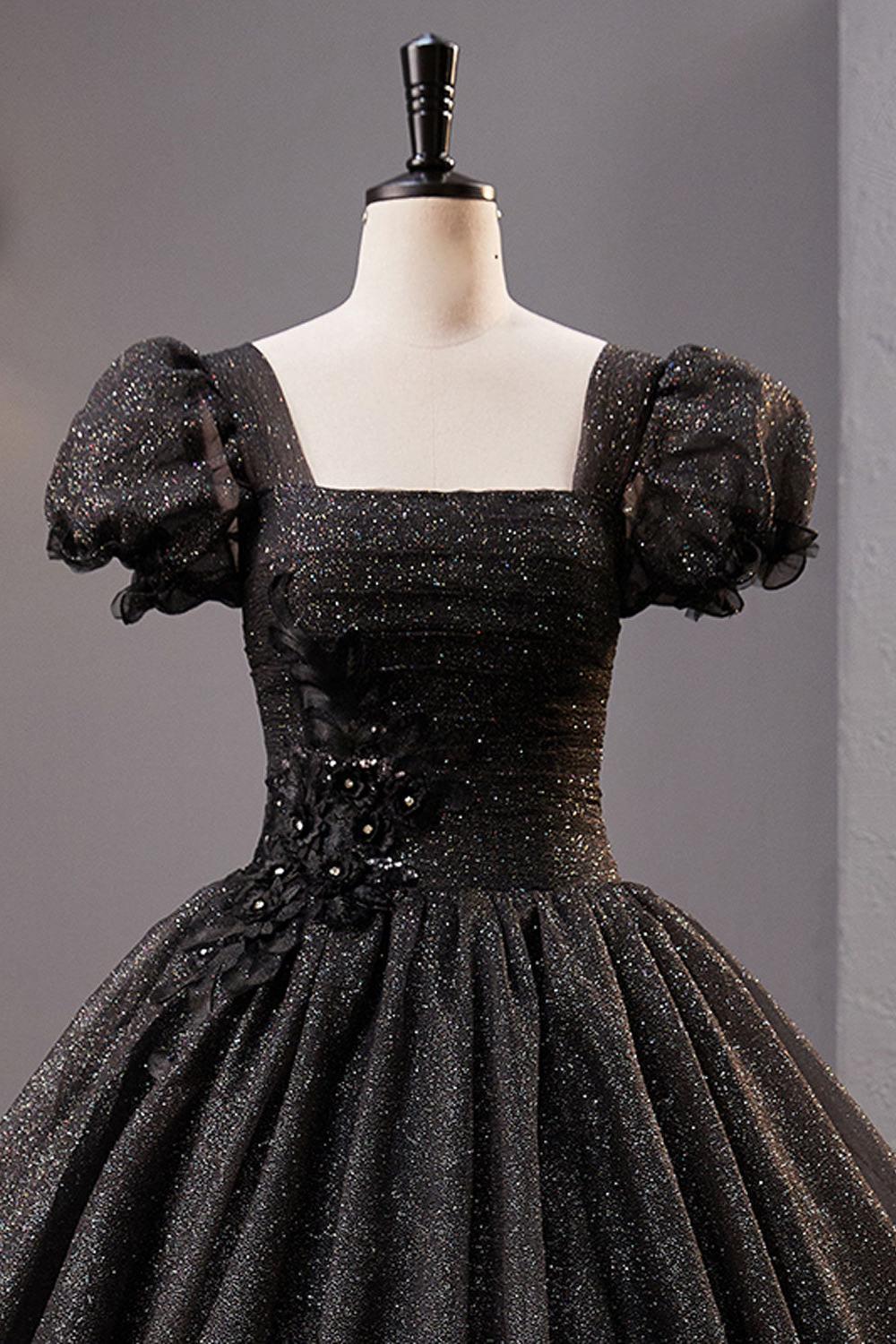 Black Prom Dress Square Neckline Tulle Long Shiny Evening Dress