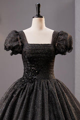 Black Prom Dress Square Neckline Tulle Long Shiny Evening Dress
