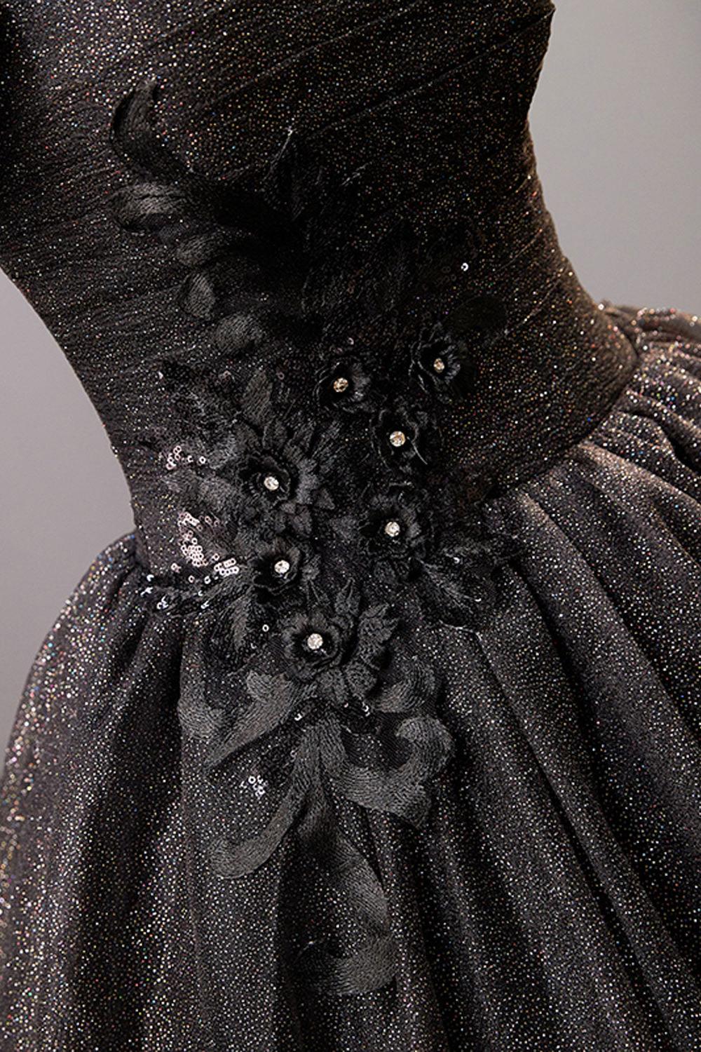 Black Prom Dress Square Neckline Tulle Long Shiny Evening Dress