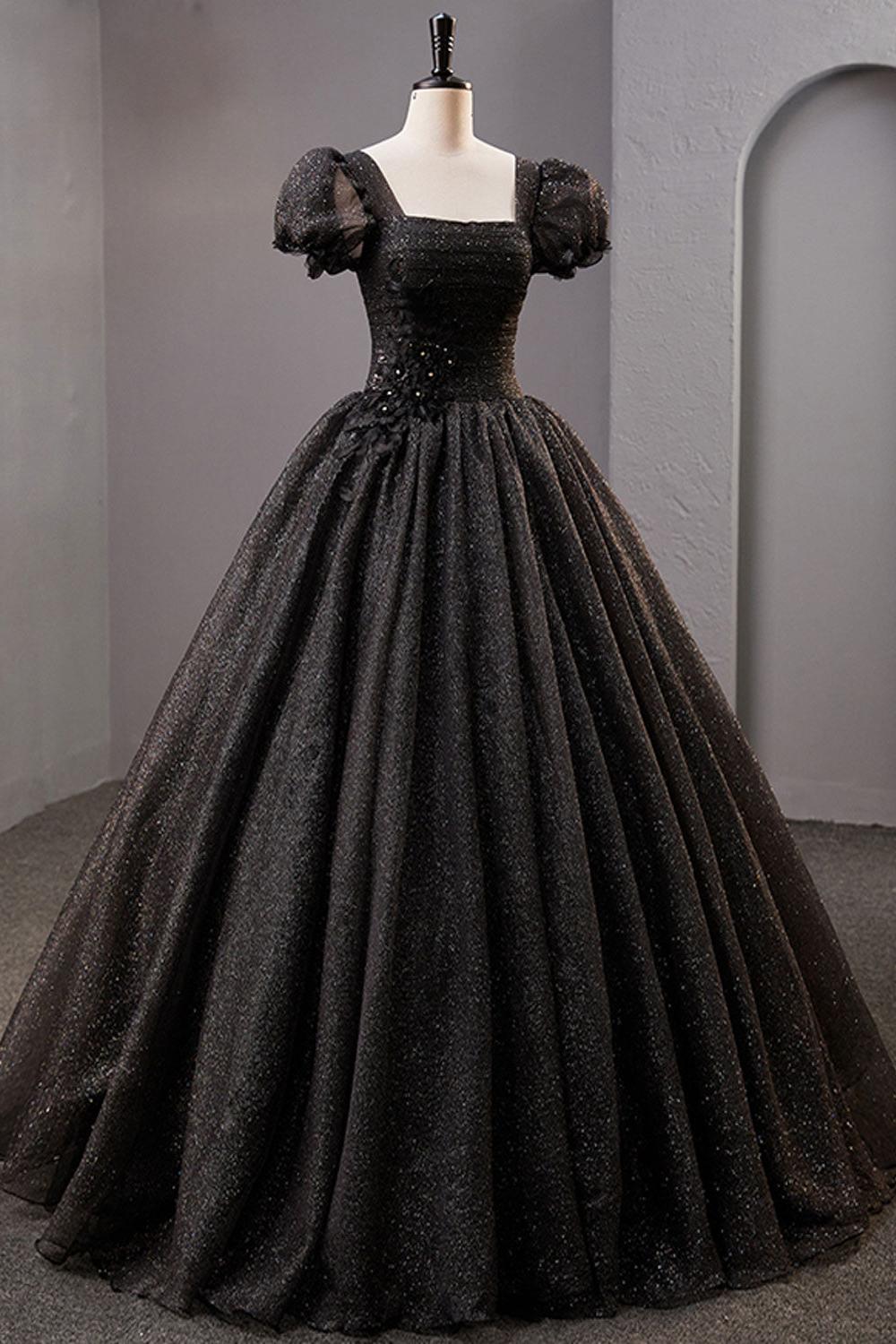 Black Prom Dress Square Neckline Tulle Long Shiny Evening Dress