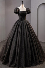 Black Prom Dress Square Neckline Tulle Long Shiny Evening Dress