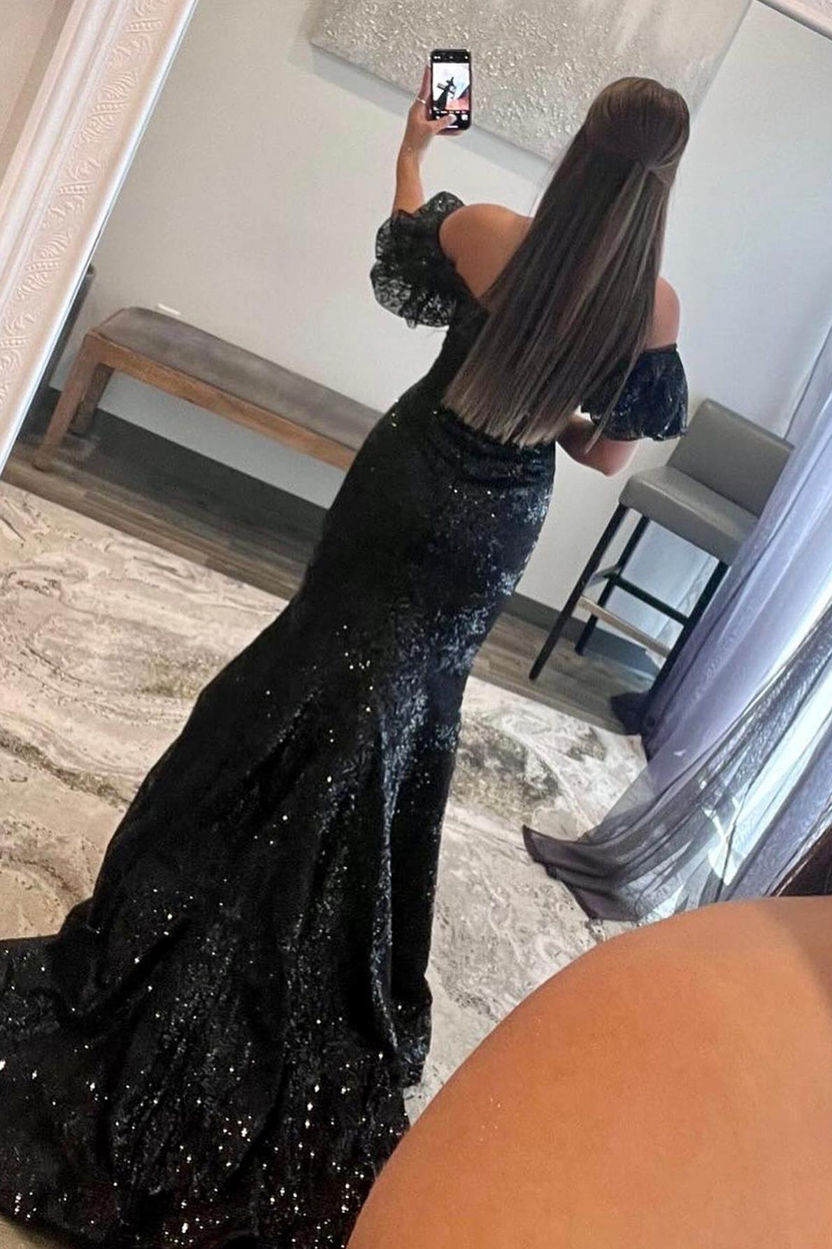 Black Prom Dress Strapless Sequin Long Mermaid Evening Dress