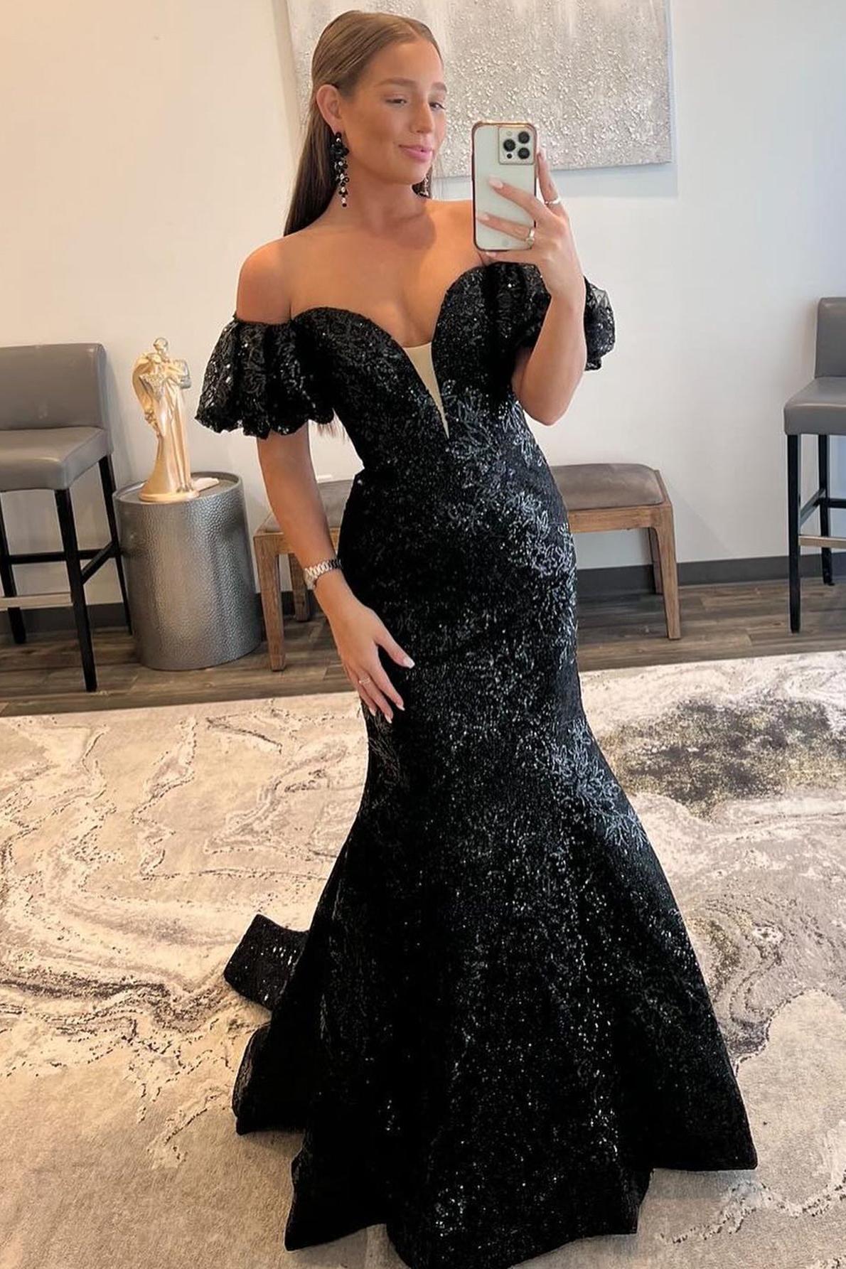 Black Prom Dress Strapless Sequin Long Mermaid Evening Dress