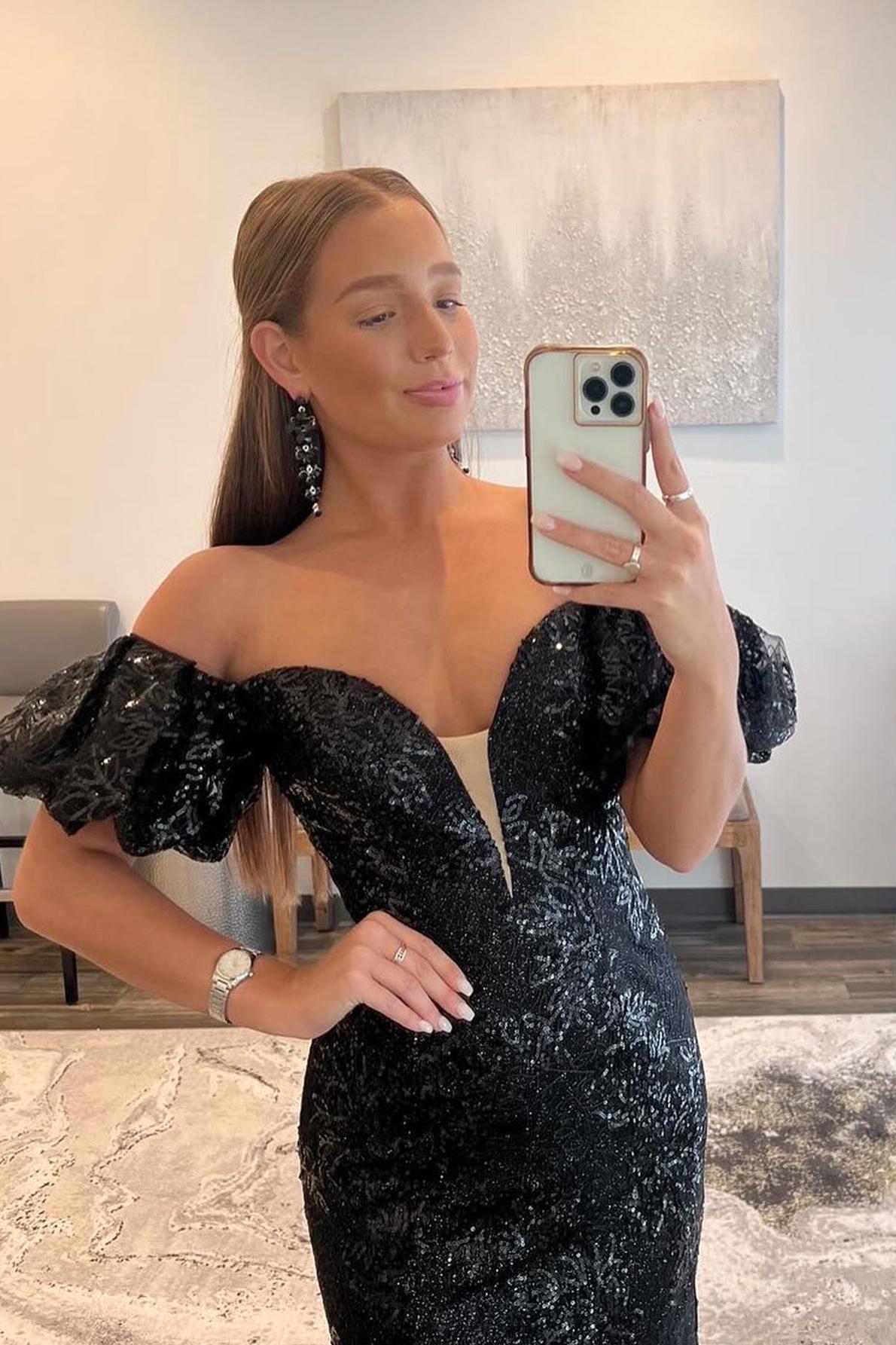 Black Prom Dress Strapless Sequin Long Mermaid Evening Dress