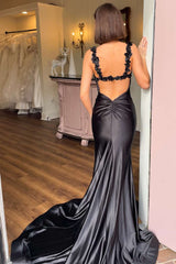Black Prom Dress Straps Floral Mermaid Long Evening Dress