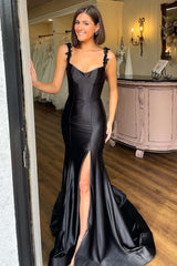Black Prom Dress Straps Floral Mermaid Long Evening Dress