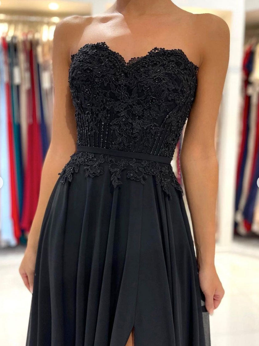 Black Prom Dress Sweetheart A Line Chiffon Lace Long Formal Gown Evening Dress