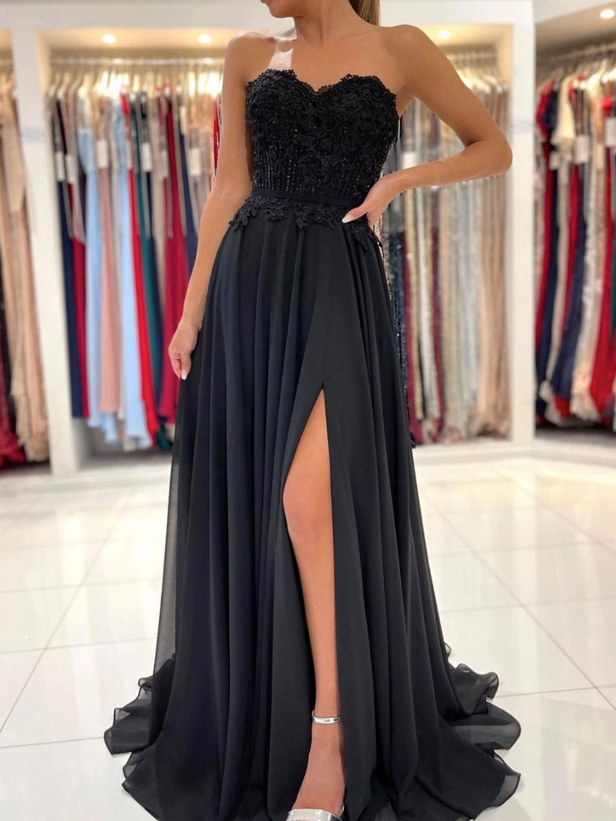 Black Prom Dress Sweetheart A Line Chiffon Lace Long Formal Gown Evening Dress