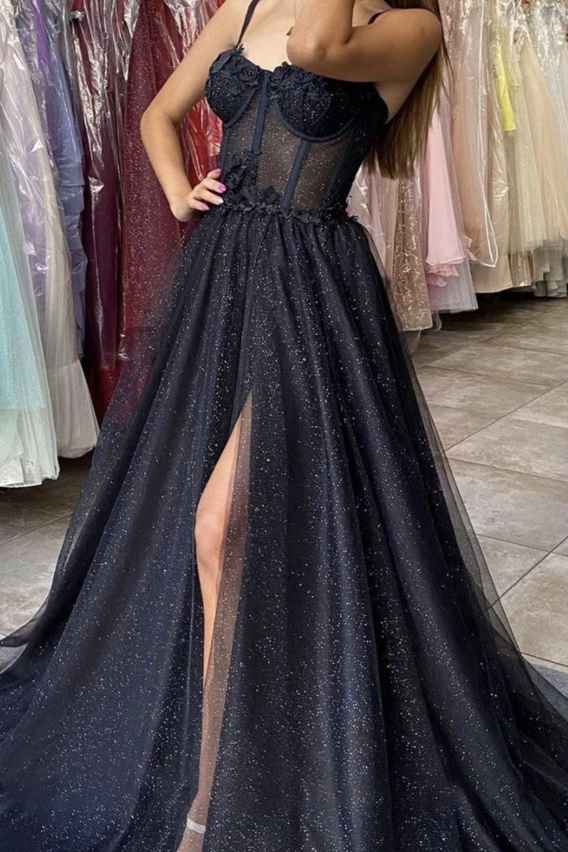 Black Prom Dress Sweetheart Neck Tulle Lace Long Evening Gown Evening Dress