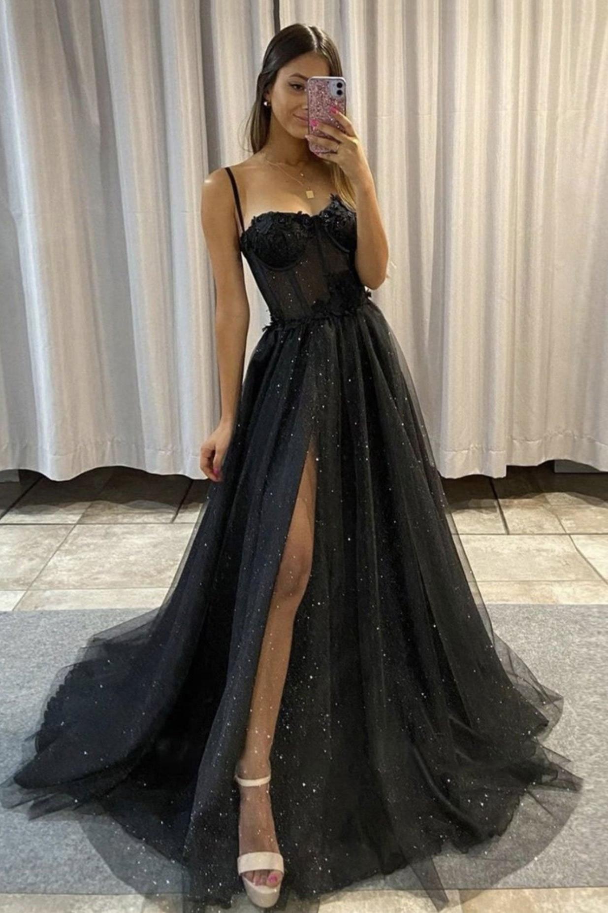 Black Prom Dress Sweetheart Neck Tulle Lace Long Evening Gown Evening Dress