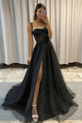 Black Prom Dress Sweetheart Neck Tulle Lace Long Evening Gown Evening Dress
