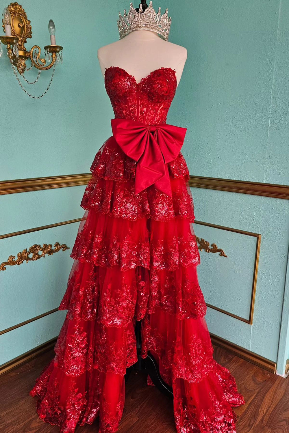 Black Prom Dress Sweetheart Tiered Long Evening Dress with Bow